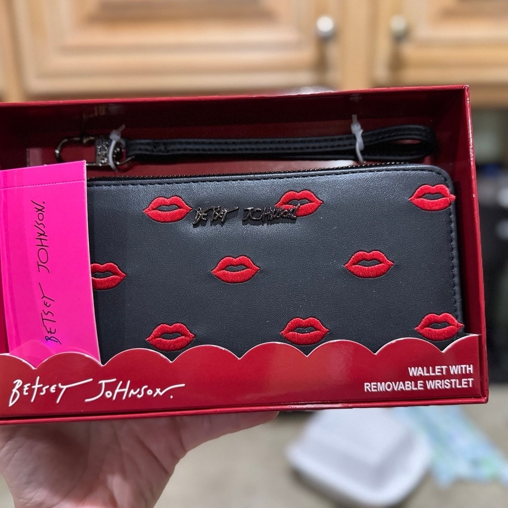 Betsey Johnson Black Wristlet with Red Lip Design